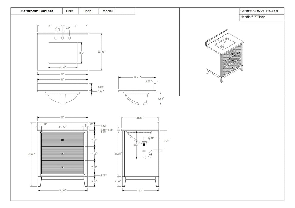 30" Single Sink Freestanding Bath Vanity Cabinet with White Engineered Marble Top - HomeBeyond