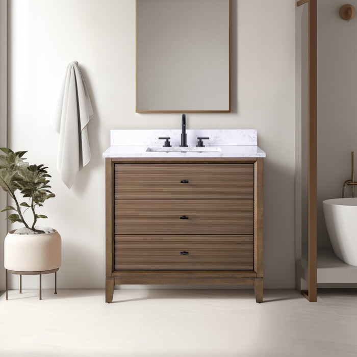 36" Single Sink Freestanding Bath Vanity Cabinet with White Engineered Marble Top - HomeBeyond