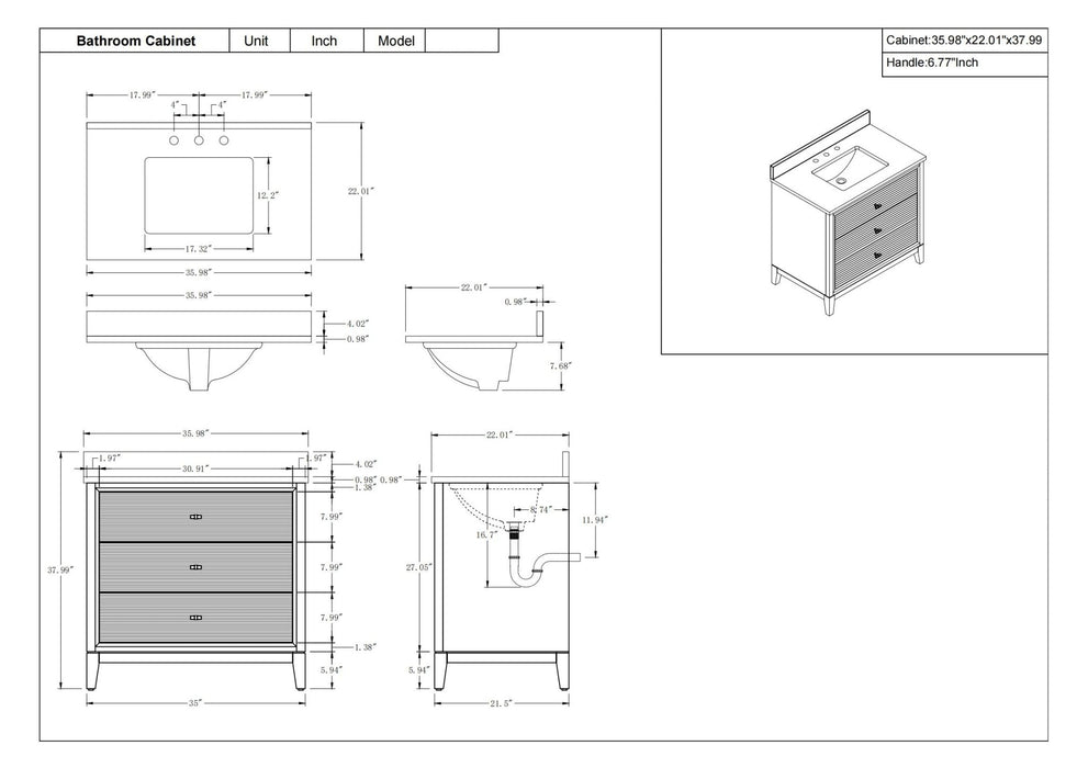 36" Single Sink Freestanding Bath Vanity Cabinet with White Engineered Marble Top - HomeBeyond