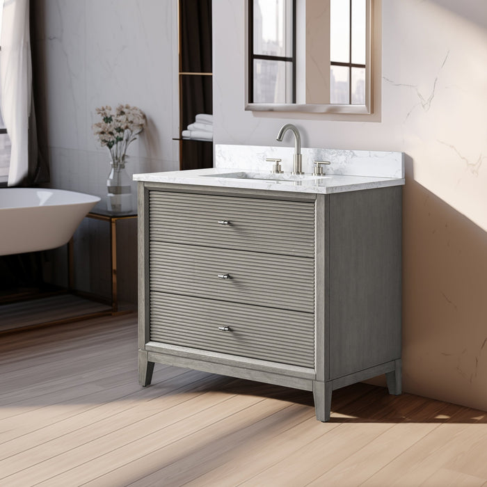 36" Single Sink Freestanding Bath Vanity Cabinet with White Engineered Marble Top - HomeBeyond