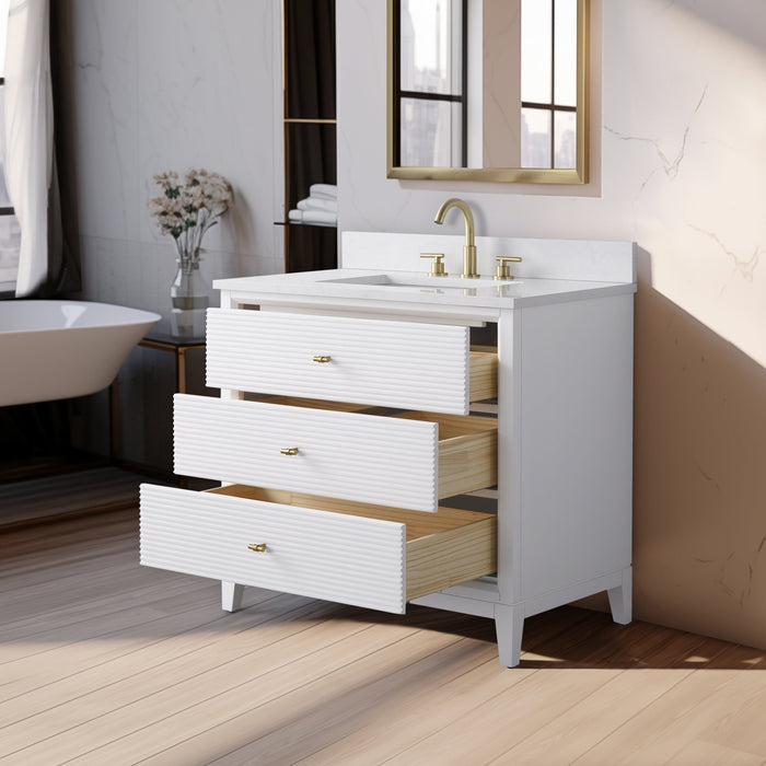 36" Single Sink Freestanding Bath Vanity Cabinet with White Engineered Marble Top - HomeBeyond