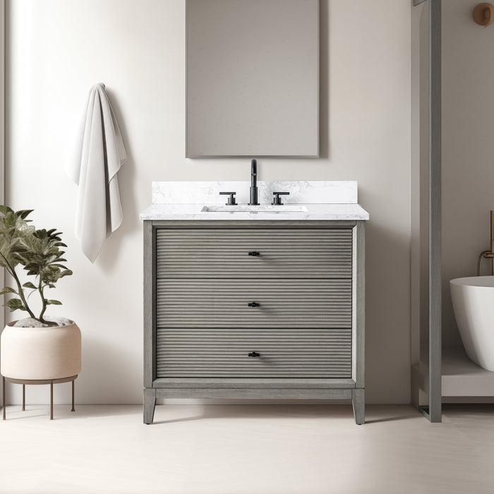 36" Single Sink Freestanding Bath Vanity Cabinet with White Engineered Marble Top - HomeBeyond