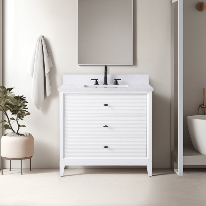 36" Single Sink Freestanding Bath Vanity Cabinet with White Engineered Marble Top - HomeBeyond