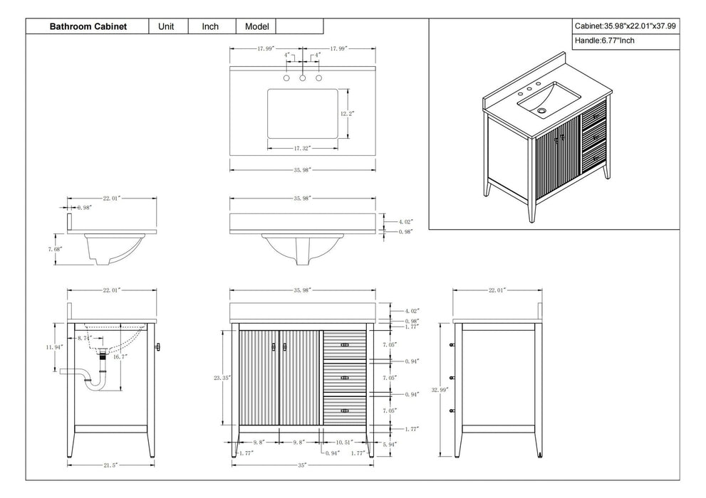 36" Single Sink Freestanding Bathroom Vanity with Engineered Marble Top - HomeBeyond