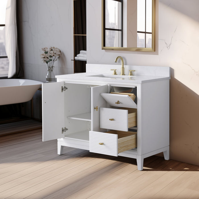 42" Single Sink Freestanding Bath Vanity Cabinet with White Engineered Marble Top - HomeBeyond