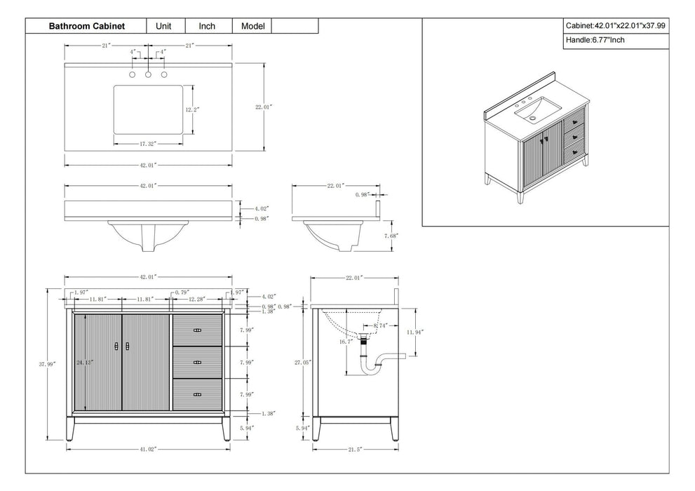 42" Single Sink Freestanding Bath Vanity Cabinet with White Engineered Marble Top - HomeBeyond