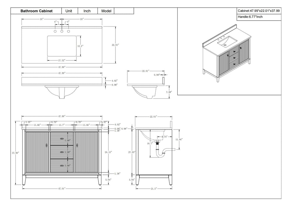 48" Single Sink Freestanding Bath Vanity Cabinet with White Engineered Marble Top - HomeBeyond