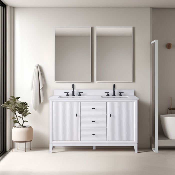 54" Double Sink Freestanding Bath Vanity Cabinet with White Engineered Marble Top - HomeBeyond