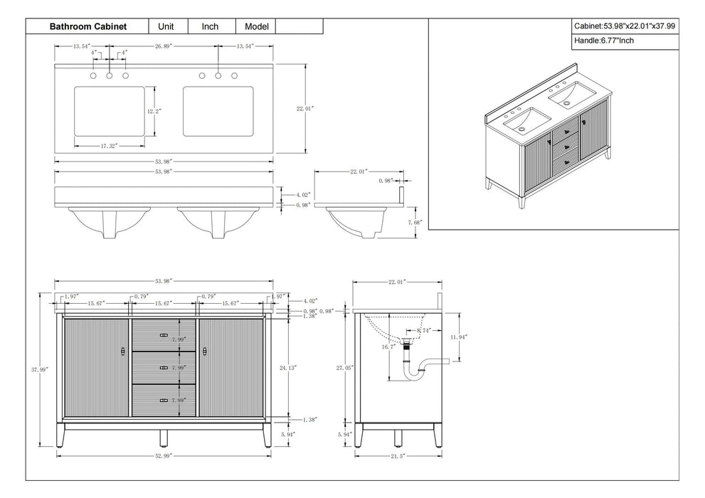 54" Double Sink Freestanding Bath Vanity Cabinet with White Engineered Marble Top - HomeBeyond