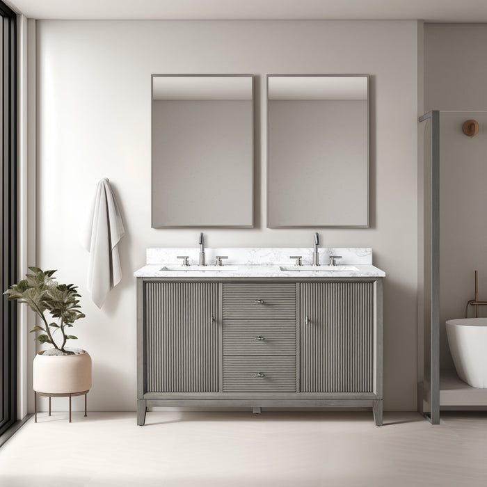 54" Double Sink Freestanding Bath Vanity Cabinet with White Engineered Marble Top - HomeBeyond