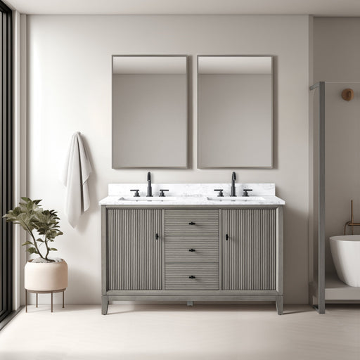 54" Double Sink Freestanding Bath Vanity Cabinet with White Engineered Marble Top - HomeBeyond