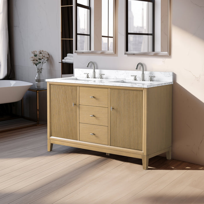 54" Double Sink Freestanding Bath Vanity Cabinet with White Engineered Marble Top - HomeBeyond