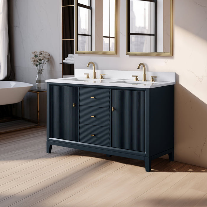 54" Double Sink Freestanding Bath Vanity Cabinet with White Engineered Marble Top - HomeBeyond