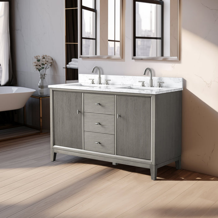 54" Double Sink Freestanding Bath Vanity Cabinet with White Engineered Marble Top - HomeBeyond