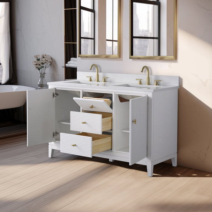 54" Double Sink Freestanding Bath Vanity Cabinet with White Engineered Marble Top - HomeBeyond