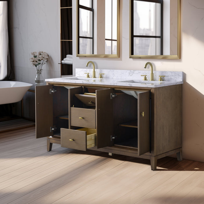 60" Double Sink Freestanding Bath Vanity Cabinet with White Engineered Marble Top - HomeBeyond