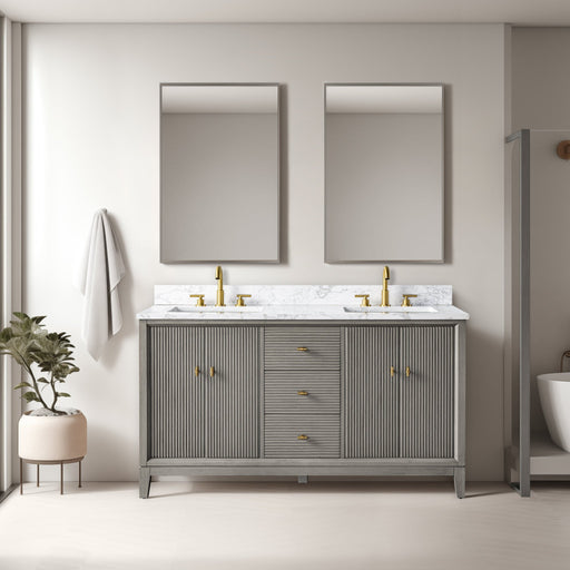 60" Double Sink Freestanding Bath Vanity Cabinet with White Engineered Marble Top - HomeBeyond