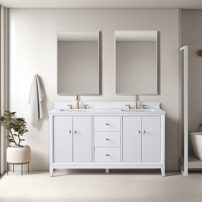 60" Double Sink Freestanding Bath Vanity Cabinet with White Engineered Marble Top - HomeBeyond