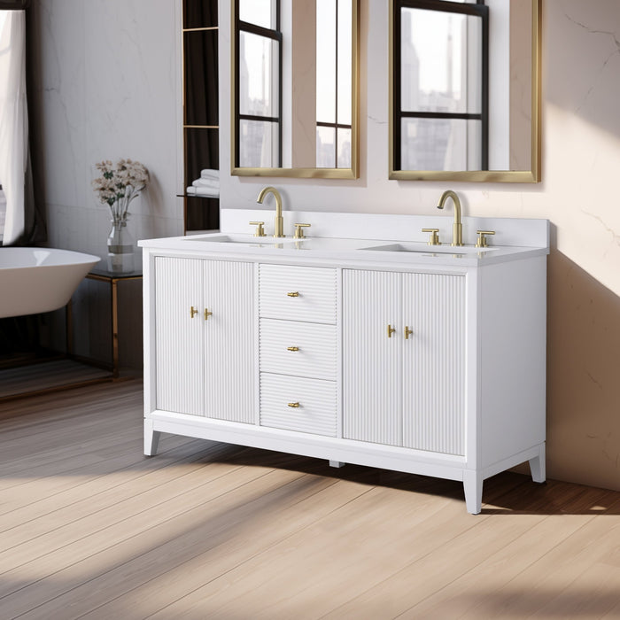 60" Double Sink Freestanding Bath Vanity Cabinet with White Engineered Marble Top - HomeBeyond