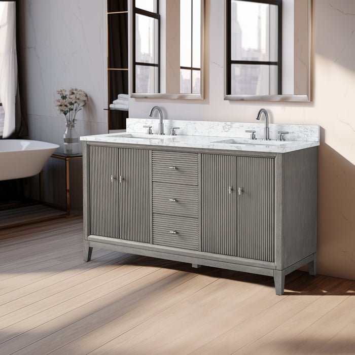 60" Double Sink Freestanding Bath Vanity Cabinet with White Engineered Marble Top - HomeBeyond