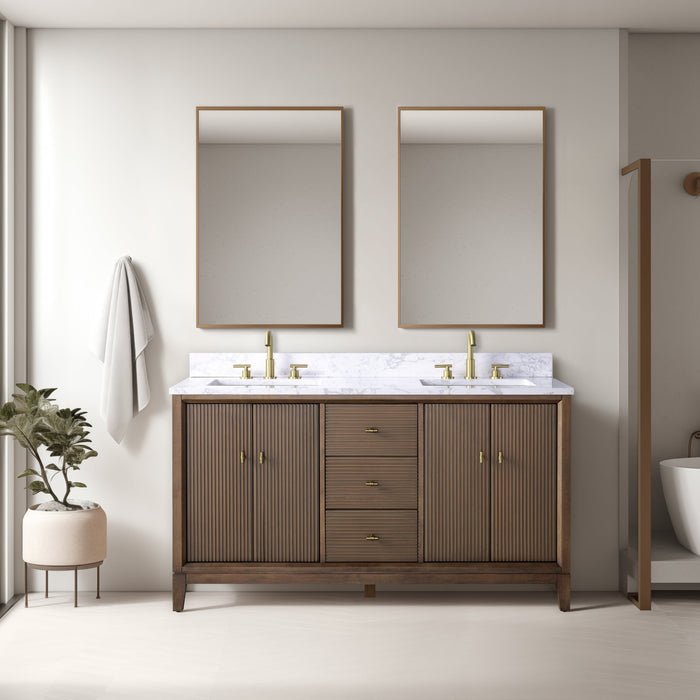 60" Double Sink Freestanding Bath Vanity Cabinet with White Engineered Marble Top - HomeBeyond