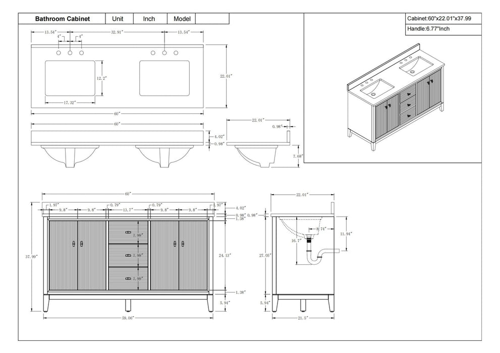 60" Double Sink Freestanding Bath Vanity Cabinet with White Engineered Marble Top - HomeBeyond