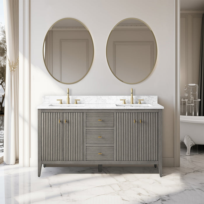 60" Double Sink Freestanding Bathroom Vanity with Engineered Marble Top - HomeBeyond