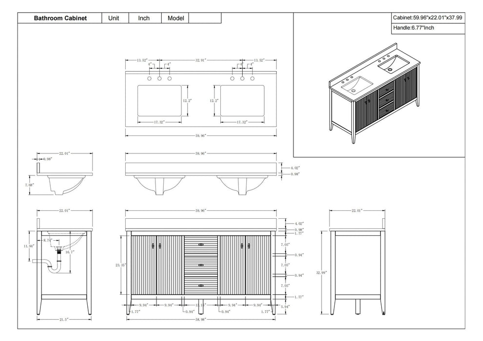 60" Double Sink Freestanding Bathroom Vanity with Engineered Marble Top - HomeBeyond