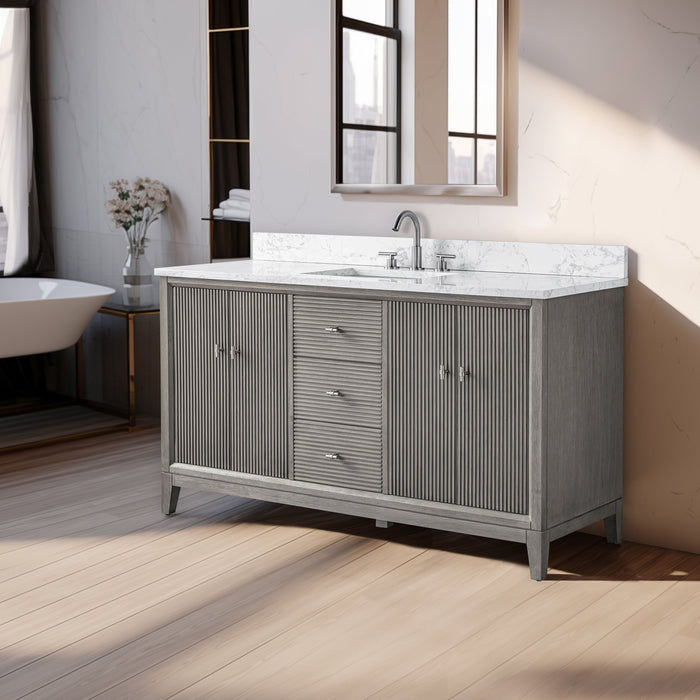 60" Single Sink Freestanding Bath Vanity Cabinet with White Engineered Marble Top - HomeBeyond