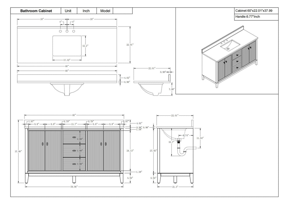 60" Single Sink Freestanding Bath Vanity Cabinet with White Engineered Marble Top - HomeBeyond