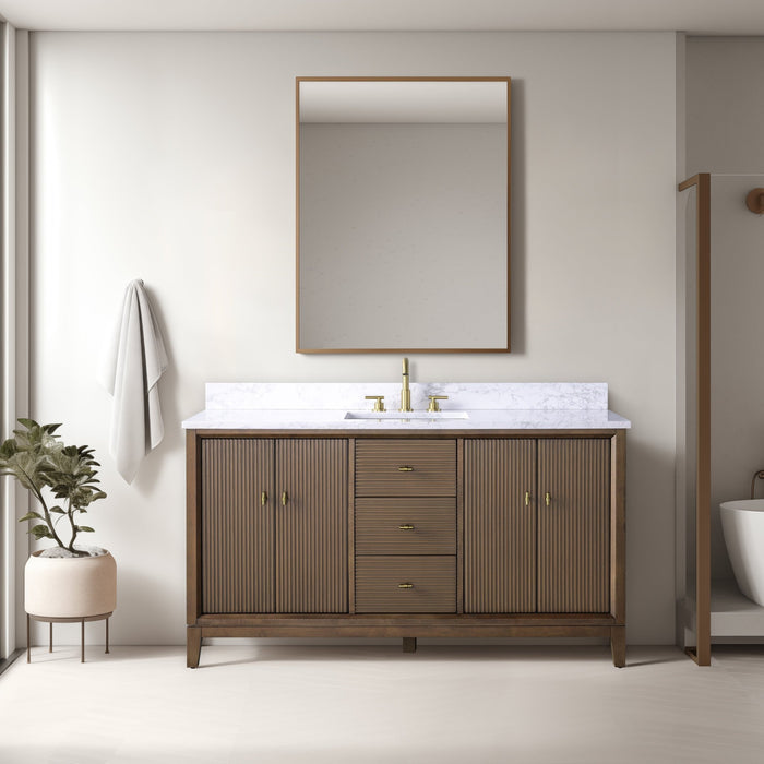 60" Single Sink Freestanding Bath Vanity Cabinet with White Engineered Marble Top - HomeBeyond