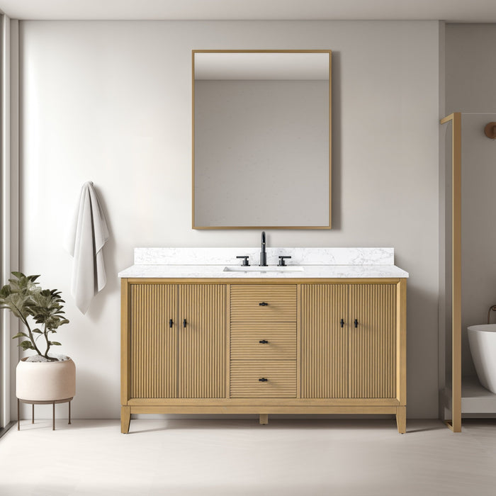 60" Single Sink Freestanding Bath Vanity Cabinet with White Engineered Marble Top - HomeBeyond