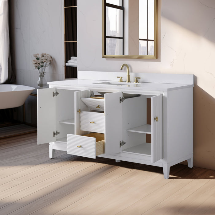 60" Single Sink Freestanding Bath Vanity Cabinet with White Engineered Marble Top - HomeBeyond