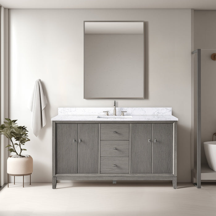 60" Single Sink Freestanding Bath Vanity Cabinet with White Engineered Marble Top - HomeBeyond