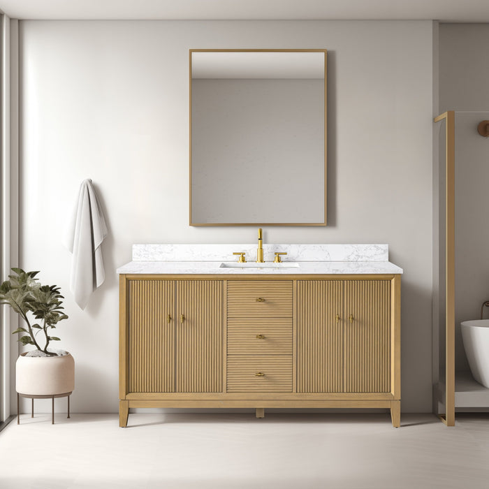 60" Single Sink Freestanding Bath Vanity Cabinet with White Engineered Marble Top - HomeBeyond