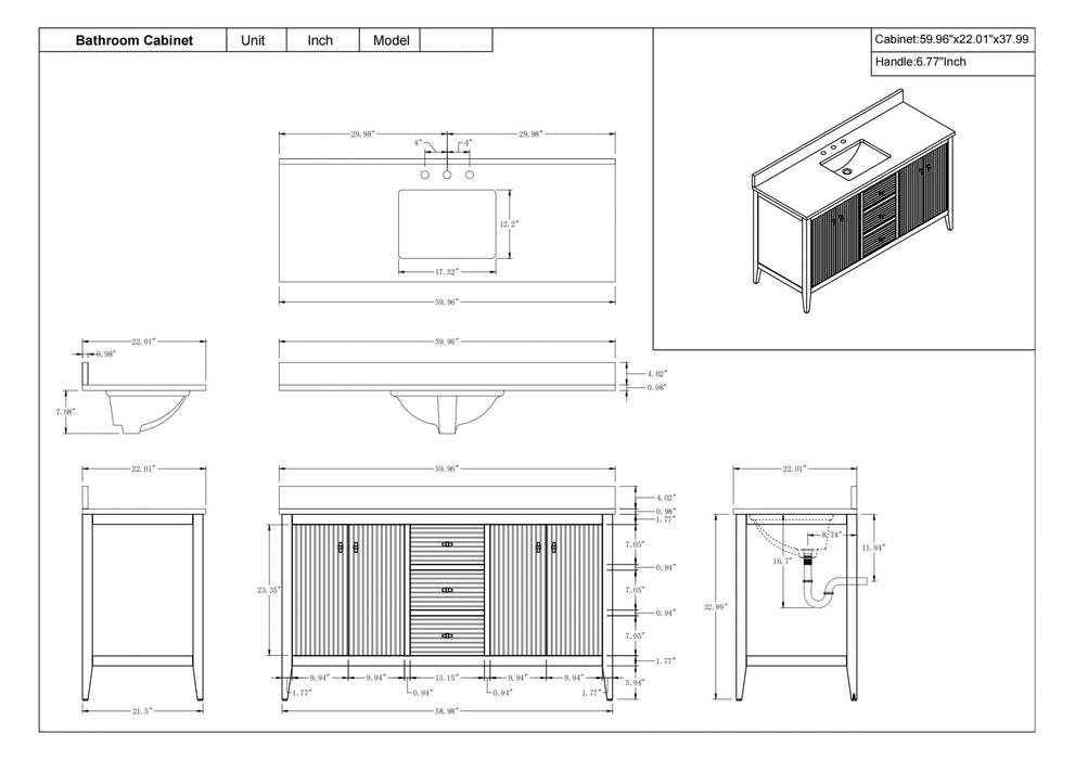 60" Single Sink Freestanding Bathroom Vanity with Engineered Marble Top - HomeBeyond