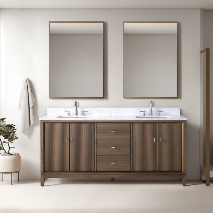 72" Double Sink Freestanding Bath Vanity Cabinet with White Engineered Marble Top - HomeBeyond