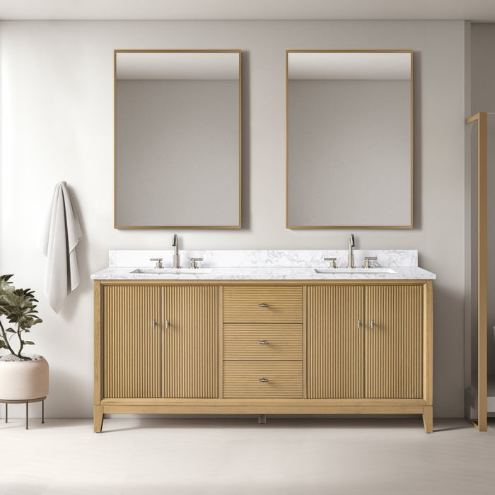 72" Double Sink Freestanding Bath Vanity Cabinet with White Engineered Marble Top - HomeBeyond