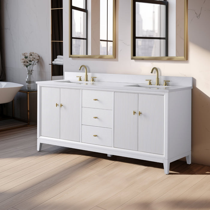 72" Double Sink Freestanding Bath Vanity Cabinet with White Engineered Marble Top - HomeBeyond