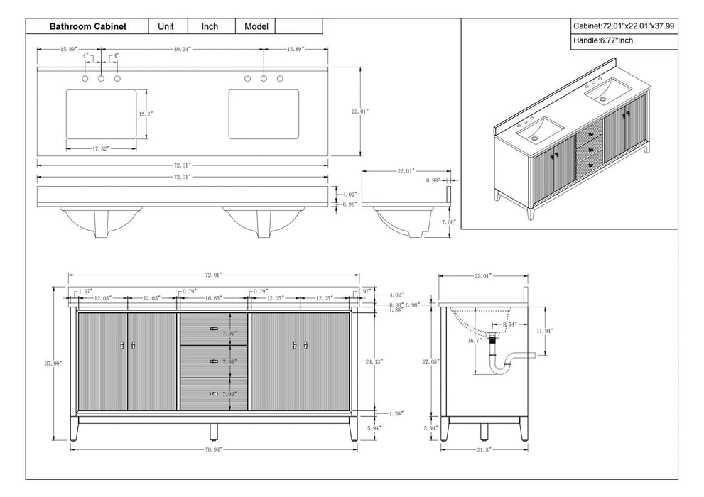 72" Double Sink Freestanding Bath Vanity Cabinet with White Engineered Marble Top - HomeBeyond