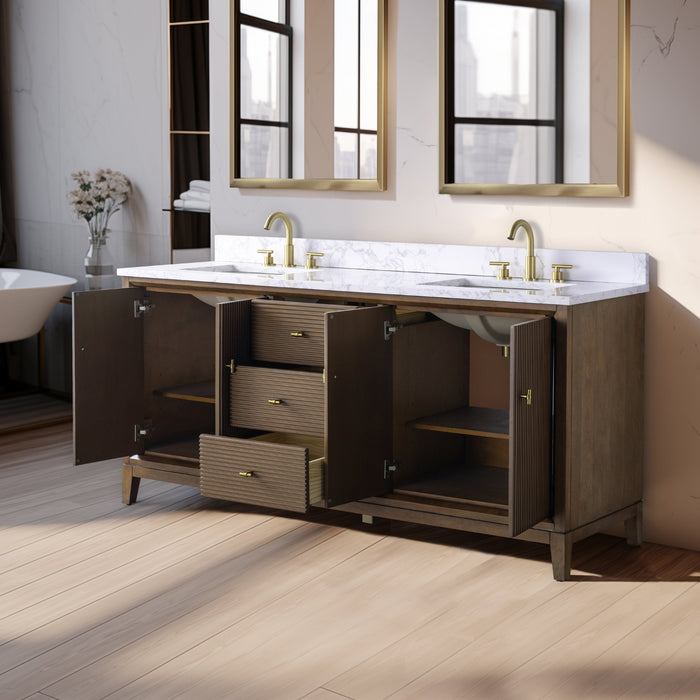 72" Double Sink Freestanding Bath Vanity Cabinet with White Engineered Marble Top - HomeBeyond