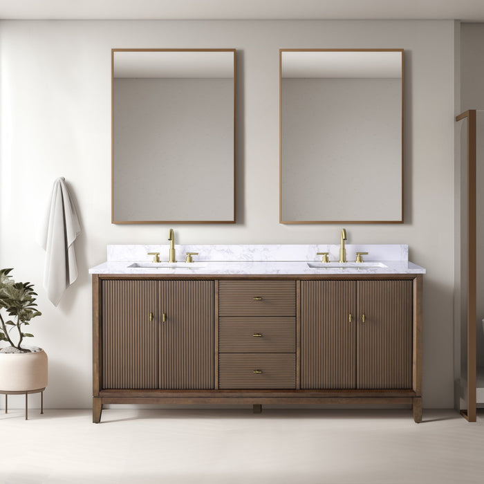 72" Double Sink Freestanding Bath Vanity Cabinet with White Engineered Marble Top - HomeBeyond