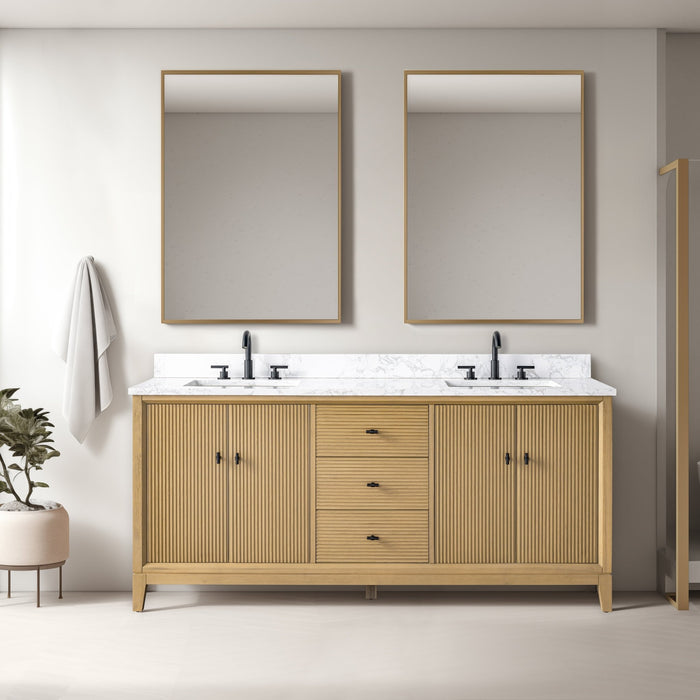 72" Double Sink Freestanding Bath Vanity Cabinet with White Engineered Marble Top - HomeBeyond