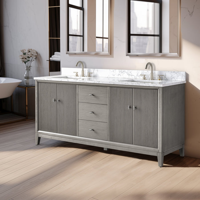 72" Double Sink Freestanding Bath Vanity Cabinet with White Engineered Marble Top - HomeBeyond