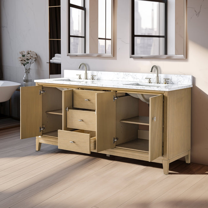 72" Double Sink Freestanding Bath Vanity Cabinet with White Engineered Marble Top - HomeBeyond