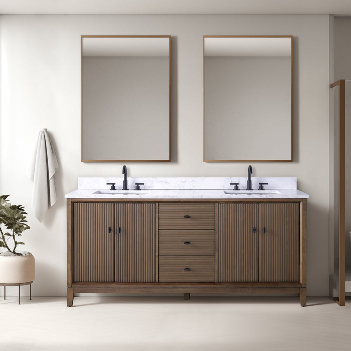 72" Double Sink Freestanding Bath Vanity Cabinet with White Engineered Marble Top - HomeBeyond