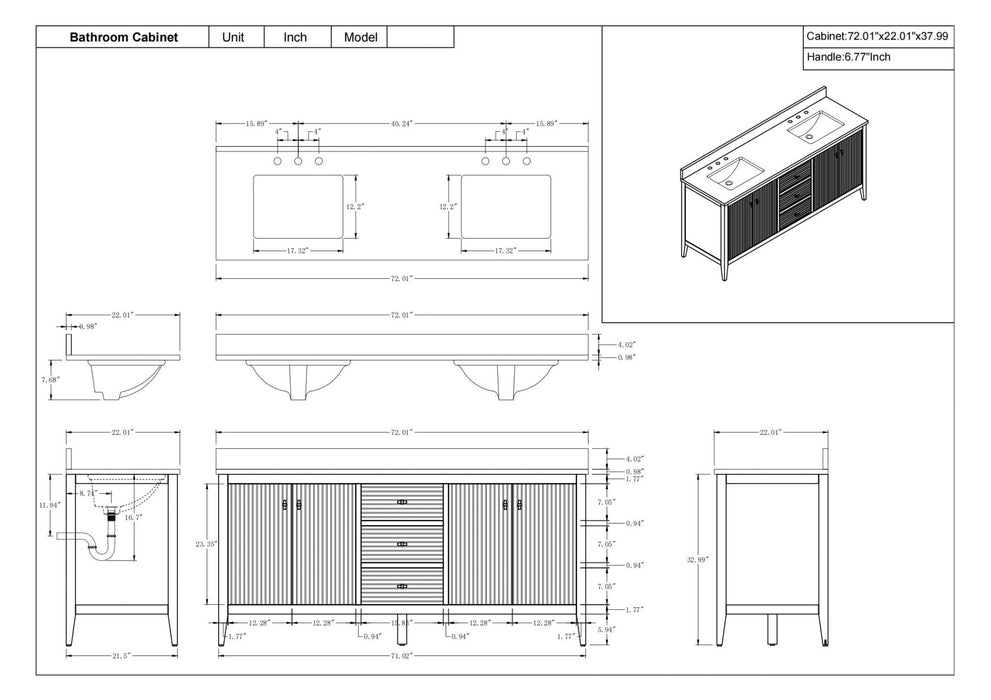 72" Double Sink Freestanding Bathroom Vanity with Engineered Marble Top - HomeBeyond