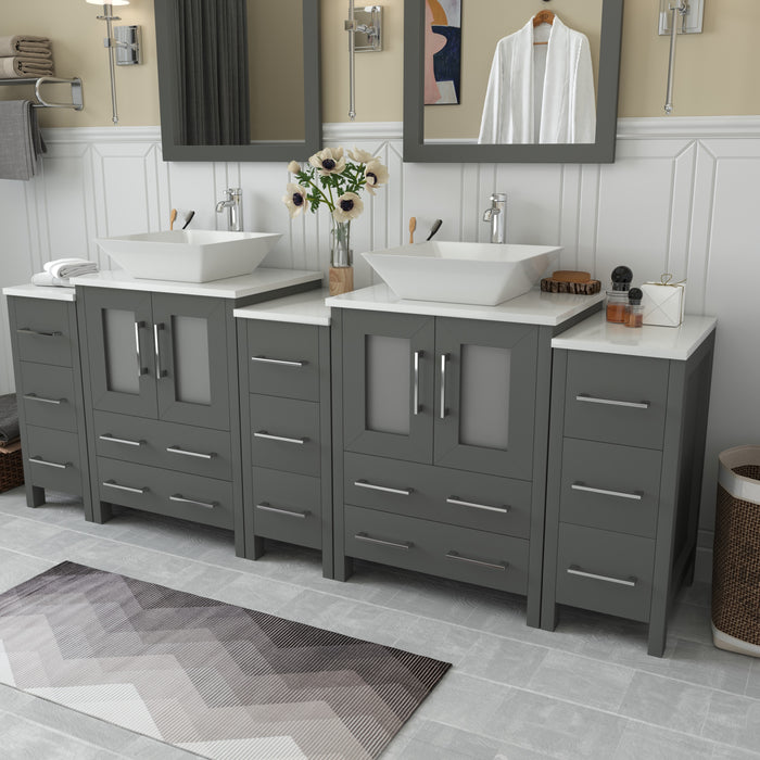 Ravenna 84" Double Sink Bathroom Vanity Combo Set, 13 Drawers, 2 Shelves, 5 Cabinets White Engineered Marble Top and Ceramic Vessel Sink Bathroom Cabinet with Free Mirrors