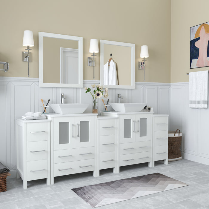 Ravenna 84" Double Sink Bathroom Vanity Combo Set, 13 Drawers, 2 Shelves, 5 Cabinets White Engineered Marble Top and Ceramic Vessel Sink Bathroom Cabinet with Free Mirrors