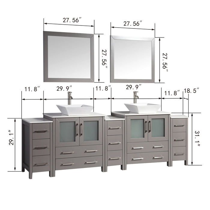 Ravenna 96" Double Sink Bathroom Vanity Combo Set, 13 Drawers 2 Shelves 5 Cabinets Engineered Marble Top and Ceramic Sink Bathroom Cabinet with Mirrors